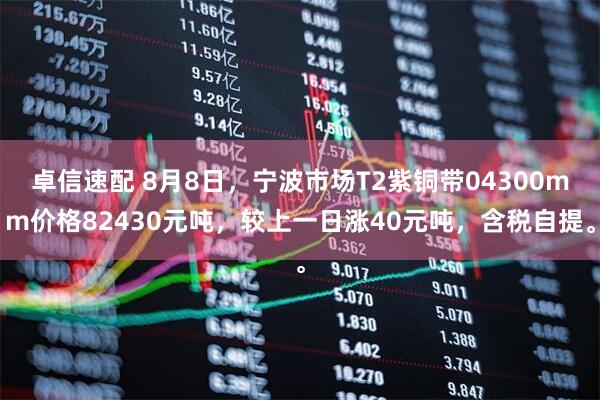 卓信速配 8月8日，宁波市场T2紫铜带04300mm价格82430元吨，较上一日涨40元吨，含税自提。